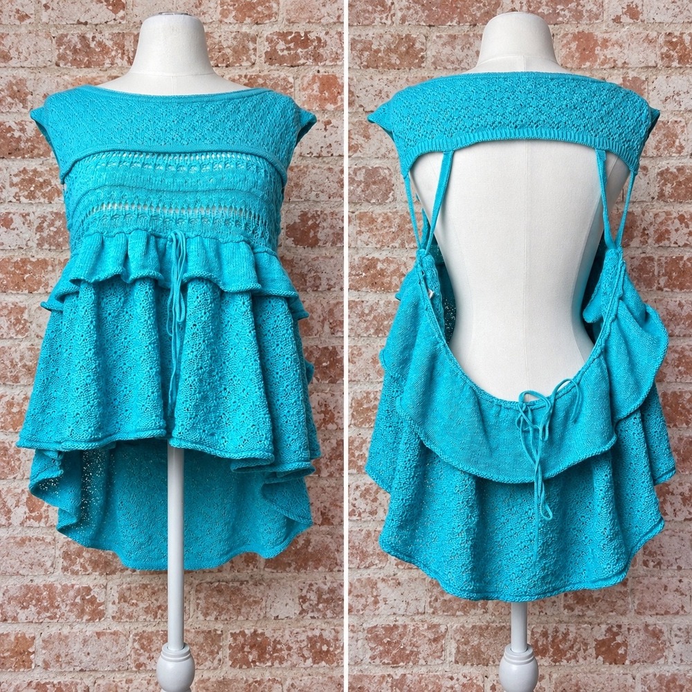 Free People Juliette Ruffle Top Open Back Knit XS Boho Festival Mermaid Crochet
